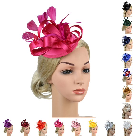 Bmisegm Fascinator Hats Headband Satin Flower Hair Clip Tea Party Hat Wedding Bridal Headwear for Women Hot Pink