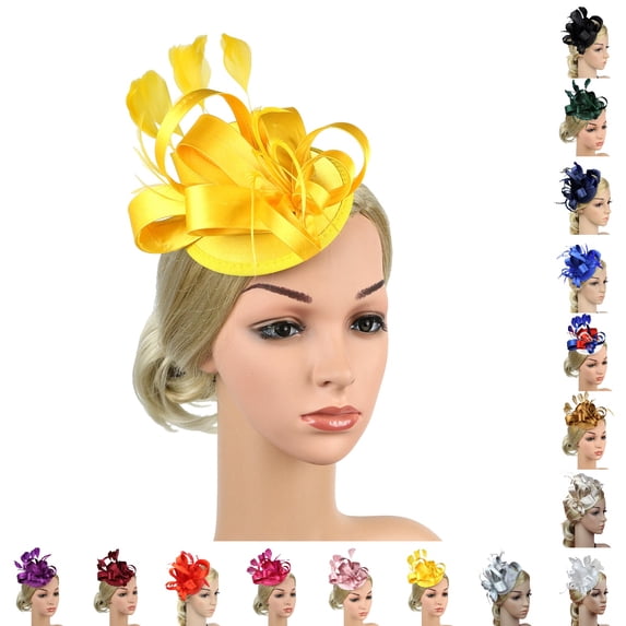 Bmisegm Fascinator Hats Headband Satin Flower Hair Clip Tea Party Hat Wedding Bridal Headwear for Women Yellow