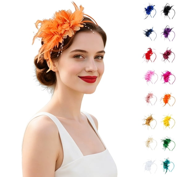 Bmisegm Fascinators Hats for Women Tea Party Layered Floral Pearl Beaded Fascinator Headband for Wedding Party Hair Accessories for Women Orange One Size