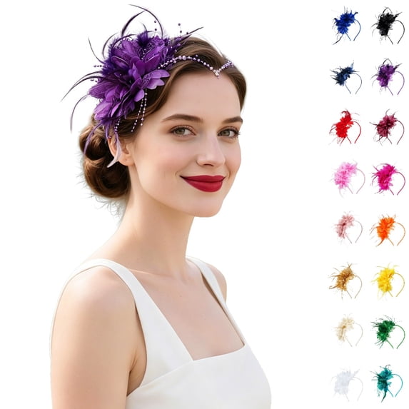 Bmisegm Fascinators Hats for Women Tea Party Layered Floral Pearl Beaded Fascinator Headband for Wedding Party Hair Accessories for Women Purple One Size