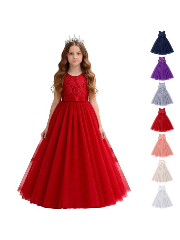 Flower Girls Lace Bridesmaid Dress Princess Elegant Tulle Long A Line Dresses Pageant Wedding Party Ball Gown