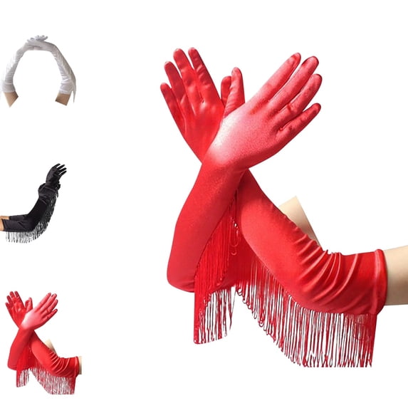 Bmisegm Formal Gloves for Women Long Over Elbow with Fringe Stretch Fit Party Stage Long Gloves Red One Size