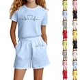 thumbnail image 1 of Bmisegm Girl Outfits Fashion Letter Print Casual Loose Short Sleeve Suit Shorts Sets Sky Blue,4 Years, 1 of 5