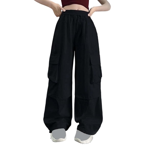 Bmisegm Girls Cargo Pants Kids Casual Loose Fit Wide Leg Fashionable Trousers for Big Kids Youth Teenager Comfortable Playwear Trousers for Girls 6-16 Years 02_Black,11-12 Years