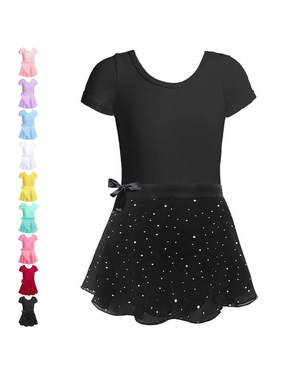 Girls Dance Leotard Short Sleeve V Neck Leotard Tie Sash Layered Overlay Skirt Ballet Girls' Dresses 3-4 Years