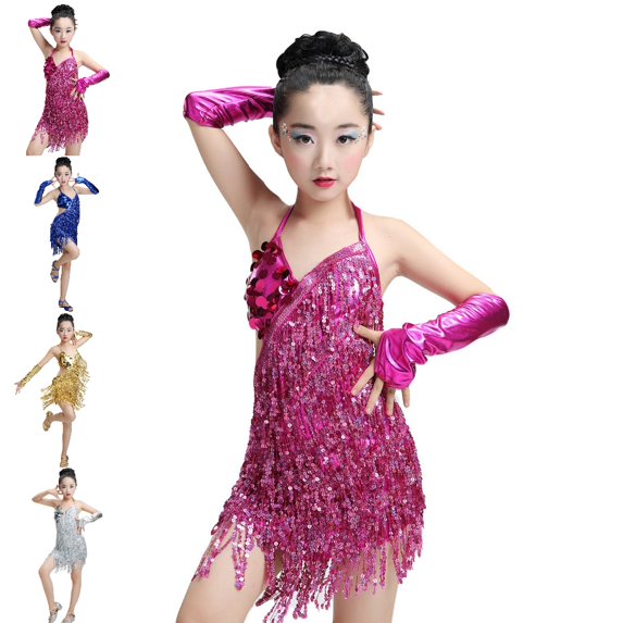 Bmisegm Girls Dance Outfit Carnival Halter Neck Fringe Embellished Asymmetric Hem Dress Latin Performance Girls Dresses 10-11 Years