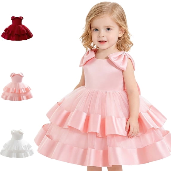 Bmisegm Girls Dress Cap Sleeve Round Neck 3D Bow Shoulder Back Big Bow Layered Ruffled Skirt Sweet Outfit Toddler Dress 9-12 Months