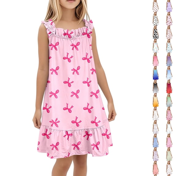 Bmisegm Girls Dress Floral Print Spaghetti Strap Ruffle Tiered Soft Cute A Line Nightgown for Summer Sleepwear and Casual Wear Midi Summer Dress 5-14 Years Light Pink_006,7-8 Years