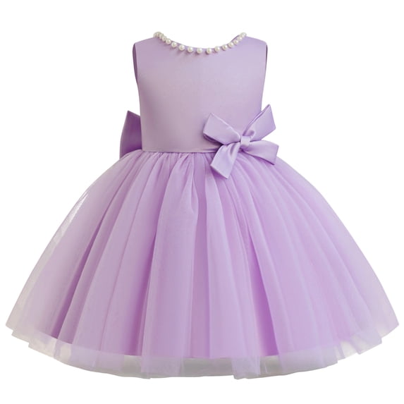 Bmisegm Girls Dress Formal Bowknot Gown with Pearl V Back European Style for Special Party Outfits Purple
