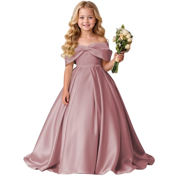 Bmisegm Girls Dress Formal off Shoulder Solid Big Bow Sleeveless Floor Length Party Gown Big Kids Toddler Girl Dresses