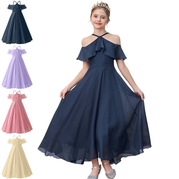 Bmisegm Girls Dress Halter Neck off Shoulder Ruffle Sleeve High Waist Flowy Long Formal Dress Girls' Dresses 11-12 Years
