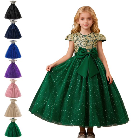 Bmisegm Girls Dress Short Cap Sleeve Embroidered Bodice Big Bow Floor Length A Line Party Gown Carnival Formal Outfit Dresses for Girls 9-10 Years