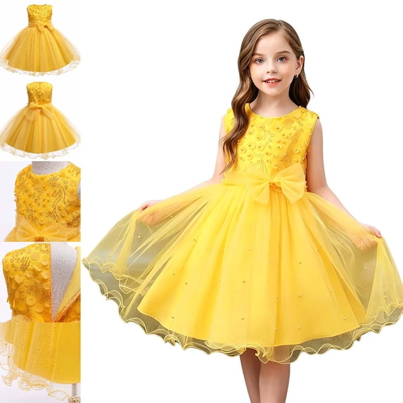 Bmisegm Girls Dress Sleeveless Round Neck Beaded Bodice Waist Bow Ruffled Hem Short Tutu Skirt Party Outfit Kids Dress 9-10 Years