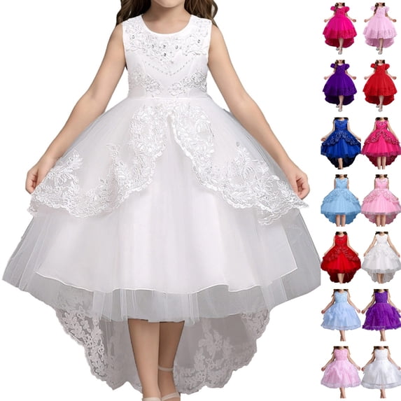 Bmisegm Girls Dress Solid Color Lace Sleeveless Knee Length Wedding Puffy Gown for Children Party Long Floral Dress 02_White,14-15 Years
