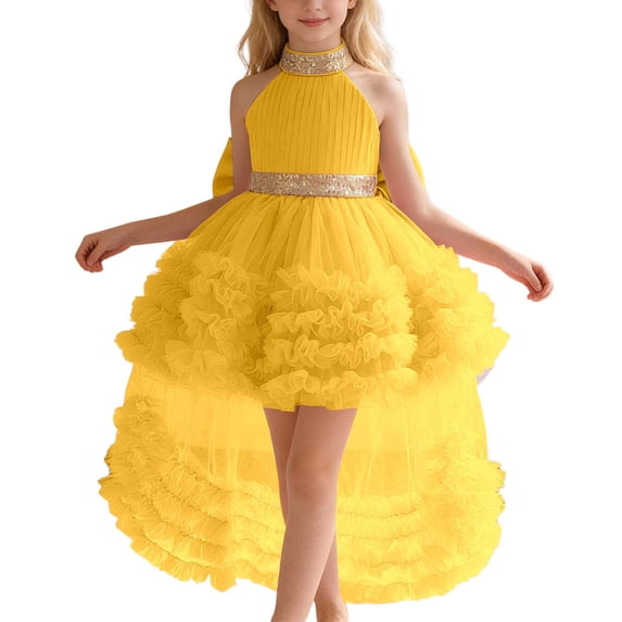 Bmisegm Girls Dress Train Tiered Neck Gown for Pageant Recital Performance and Events Party Outfits Yellow