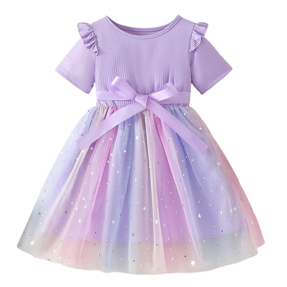 Bmisegm Girls' Dresses Bowknot Design with Gradient Mesh Skirt Summer Short Sleeve Party Short Flowy Dress for Kids 3-8 Years Light Purple,5-6 Years