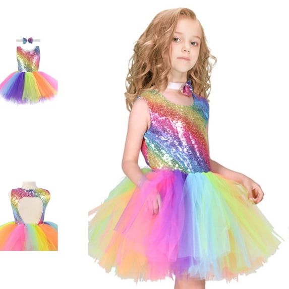 Bmisegm Girls' Dresses Carnival Sleeveless Embellished Bodice Colorful Tiered Short Tutu Skirt Party Kids Dress 5-6 Years