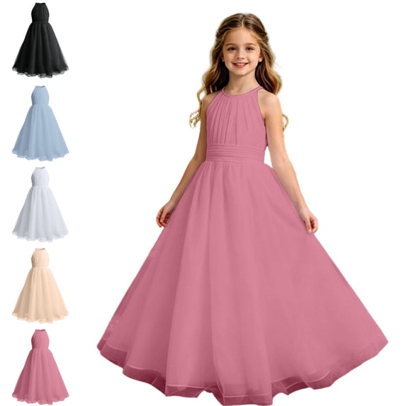 Bmisegm Girls Dresses Halter Neck Sleeveless Ruched Bodice Wide Waist Long Tiered Tutu Skirt Formal Occasion Girls' Dresses 4-5 Years