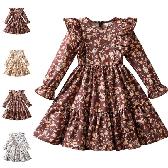Bmisegm Girls' Dresses Long Sleeve Ruffle Sleeve Floral Print Tiered A Line Skirt Back Button Casual Girls Dress 3-4 Years