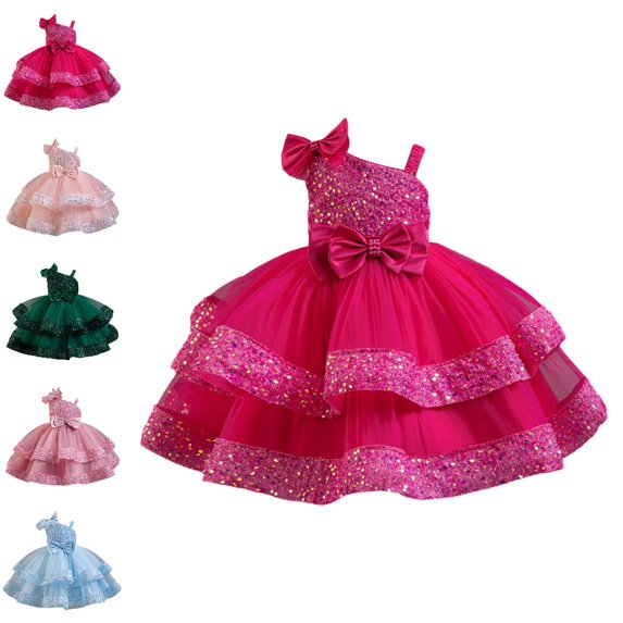 Bmisegm Girls' Dresses One Shoulder Asymmetric Strap Bow Embellished Bodice Layered Tutu Skirt Cake Style Birthday Party Dress for Girls 18-24 Months