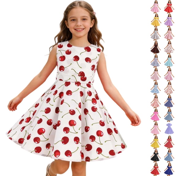 Bmisegm Girls Dresses Sleeveless Polka Print Dress with Bow Tie Back Elegant Party Gown for Celebration and Formal Occasion Midi Dress with Sleeves 4-12 Years 05_White,9-10 Years