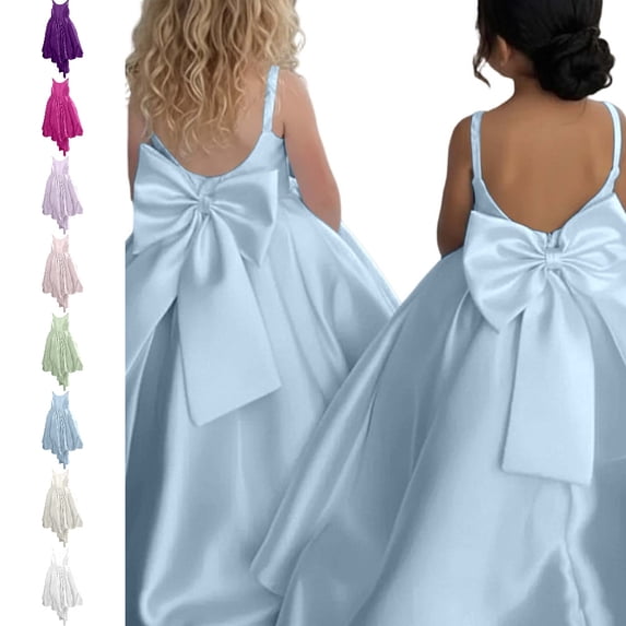Bmisegm Girls' Dresses Spaghetti Strap Back Big Bow High Waist Floor Length A Line Gown with Sweep Train Formal Occasion Dress for Girls 7-8 Years