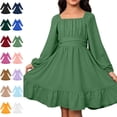 thumbnail image 1 of Bmisegm Girls' Dresses Square Neck Long Sleeve Puff Ruffle Hem Tie Waist A Line Swing Dress Casual Girls Dress 12-13 Years, 1 of 5