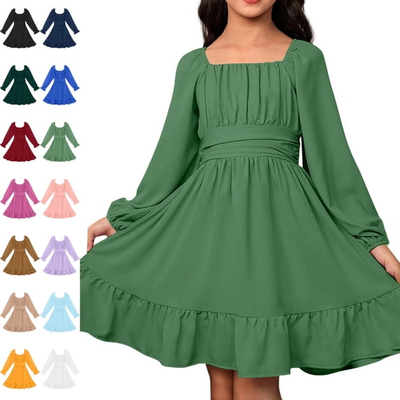 Bmisegm Girls' Dresses Square Neck Long Sleeve Puff Ruffle Hem Tie Waist A Line Swing Dress Casual Girls Dress 12-13 Years