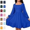 thumbnail image 1 of Bmisegm Girls' Dresses Square Neck Long Sleeve Puff Ruffle Hem Tie Waist A Line Swing Dress Casual Girls Dress 12-13 Years, 1 of 5