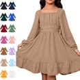 thumbnail image 1 of Bmisegm Girls' Dresses Square Neck Long Sleeve Puff Ruffle Hem Tie Waist A Line Swing Dress Casual Girls Dress 12-13 Years, 1 of 5