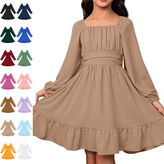 Bmisegm Girls' Dresses Square Neck Long Sleeve Puff Ruffle Hem Tie Waist A Line Swing Dress Casual Girls Dress 12-13 Years