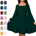 thumbnail image 1 of Bmisegm Girls' Dresses Square Neck Long Sleeve Puff Ruffle Hem Tie Waist A Line Swing Dress Casual Girls Dress 8-9 Years, 1 of 5