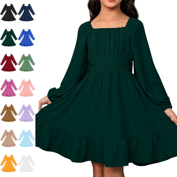Bmisegm Girls' Dresses Square Neck Long Sleeve Puff Ruffle Hem Tie Waist A Line Swing Dress Casual Girls Dress 8-9 Years