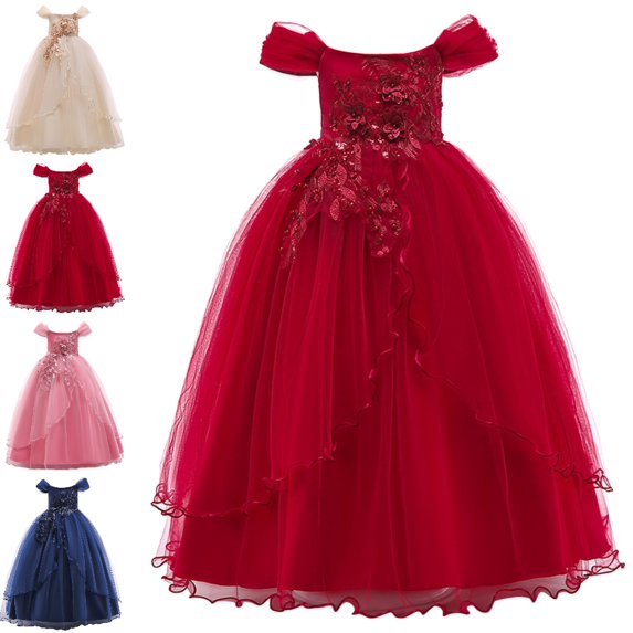 Bmisegm Girls' Dresses Square Neck Puff Flutter Sleeve 3D Floral Embellished Bodice Long Ruffled Tutu Formal Dress for Girls 3-4 Years