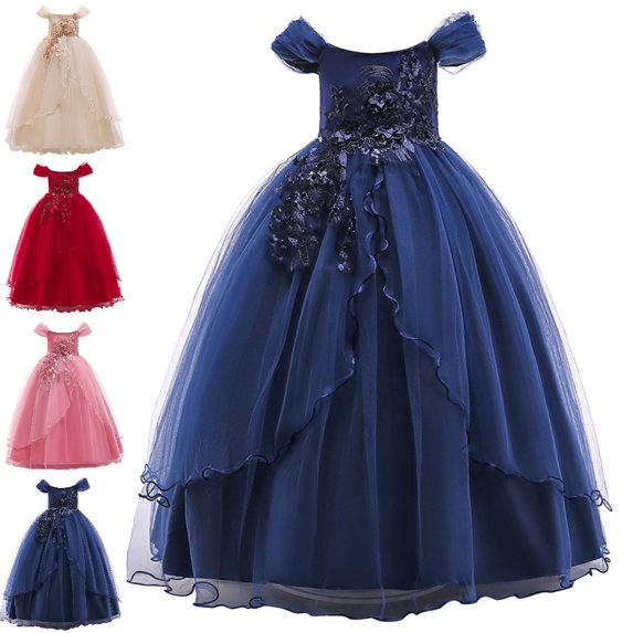 Bmisegm Girls' Dresses Square Neck Puff Flutter Sleeve 3D Floral Embellished Bodice Long Ruffled Tutu Formal Dress for Girls 4-5 Years