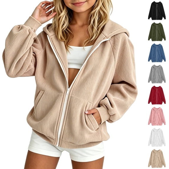 Bmisegm Girls Hoodie Solid Zip up Hooded Jacket Long Sleeve Casual 3-15 Years Girls Sweatshirt Khaki 13-15 Years