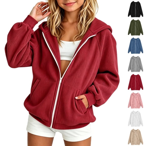 Bmisegm Girls Hoodie Solid Zip up Hooded Jacket Long Sleeve Casual 3-15 Years Girls Sweatshirt Red 3-5 Years