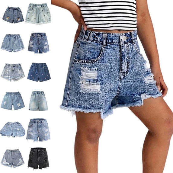 Bmisegm Girls Jean Shorts Girls Knee High Rise with Distressed Details for Stylish Everyday Wear Wide Leg Shorts 5-14Y Blue_011,7-8 Years