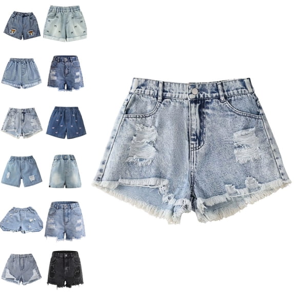Bmisegm Girls Jean Shorts for Girls High Waist Ripped Casual Summer Wide Leg Comfortable Bottoms Distressed Wide Leg Shorts 7-12Y Blue_007,9-10 Years