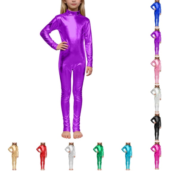 Bmisegm Girls Jumpsuit Metallic High Neck Long Sleeve Performance Glitter Gold Back Zipper Dance Stage Wear Going Out Romper,Purple,10-12 Years