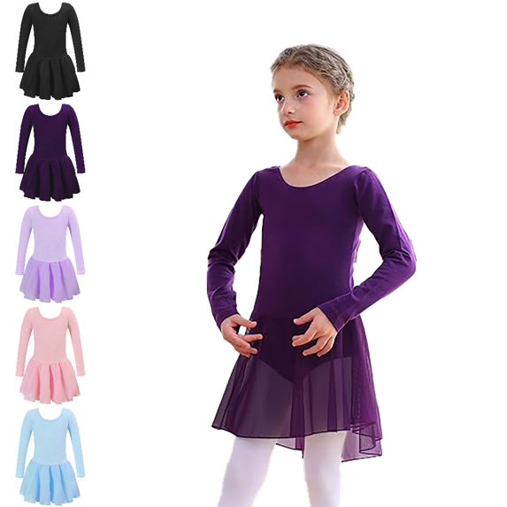 Bmisegm Girls Leotards for Dance Long Sleeve Round Neck Leotard with Attached Tutu Skirt Ballet Practice Toddler Dress 2-3 Years