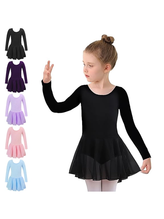 Girls Leotards for Dance Long Sleeve Round Neck Leotard with Attached Tutu Skirt Ballet Practice Toddler Dress 3-4 Years