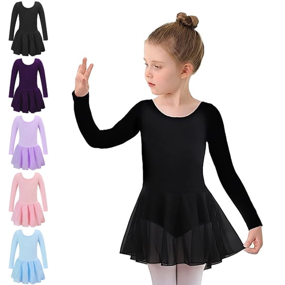 Bmisegm Girls Leotards for Dance Long Sleeve Round Neck Leotard with Attached Tutu Skirt Ballet Practice Toddler Dress 8-9 Years