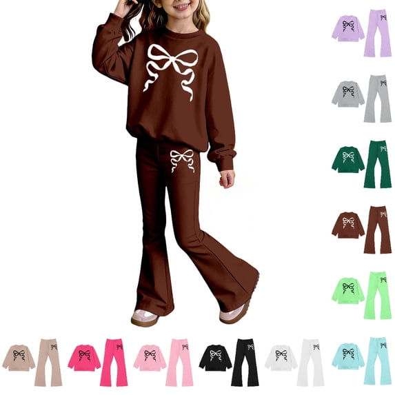 Bmisegm Girls Outfits Long Sleeve Top and Flare Pants with Bow Print Elegant Two Piece Set for Toddler and Kid Girls' Clothing Sets 2-10 Years,01_Brown,3-4 Years