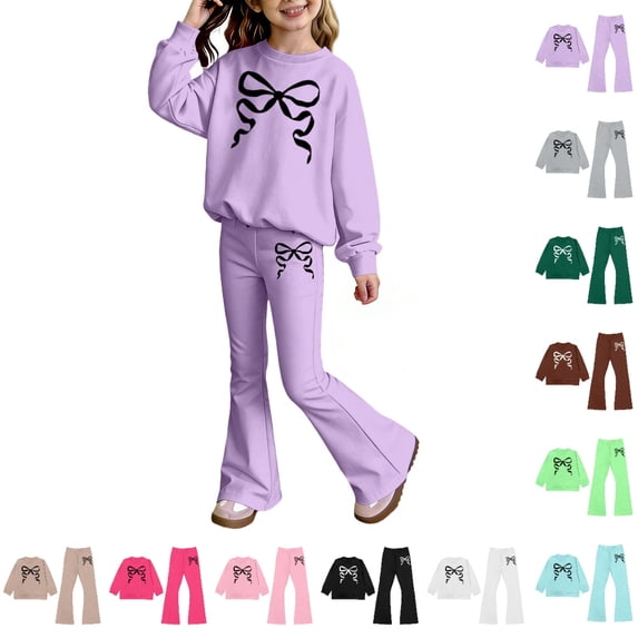 Bmisegm Girls Outfits Long Sleeve Top and Flare Pants with Bow Print Elegant Two Piece Set for Toddler and Kid Girls' Clothing Sets 2-10 Years,01_Light Purple,6-7 Years
