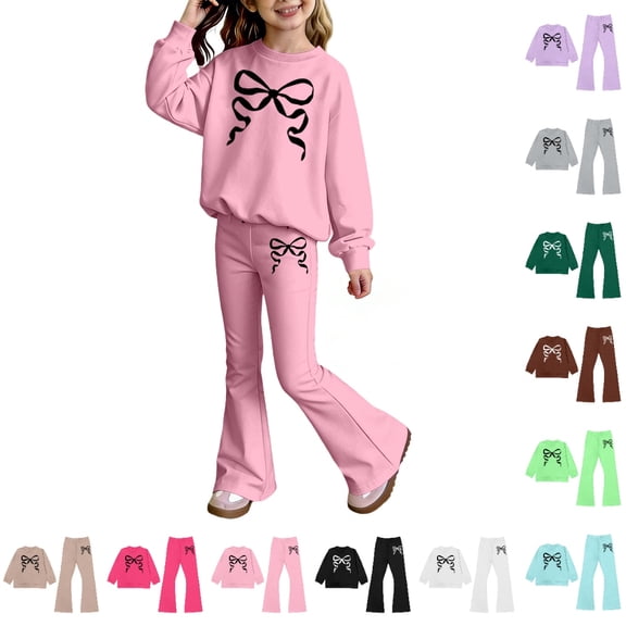Bmisegm Girls Outfits Long Sleeve Top and Flare Pants with Bow Print Elegant Two Piece Set for Toddler and Kid Girls' Clothing Sets 2-10 Years,01_Pink,6-7 Years