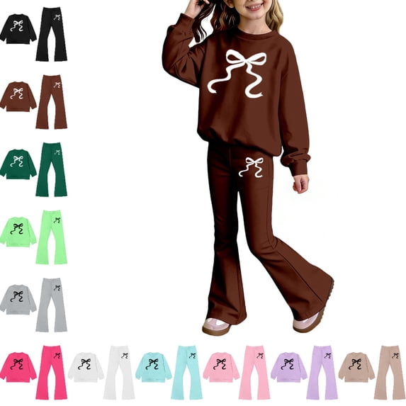 Bmisegm Girls Outfits Long Sleeve Top and Flare Pants with Bow Print Elegant Two Piece Set for Toddler and Kid Girls' Clothing Sets 2-10 Years,02_Brown,3-4 Years