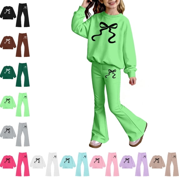 Bmisegm Girls Outfits Long Sleeve Top and Flare Pants with Bow Print Elegant Two Piece Set for Toddler and Kid Girls' Clothing Sets 2-10 Years,02_Green,7-8 Years