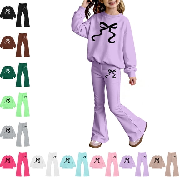 Bmisegm Girls Outfits Long Sleeve Top and Flare Pants with Bow Print Elegant Two Piece Set for Toddler and Kid Girls' Clothing Sets 2-10 Years,02_Light Purple,8-9 Years