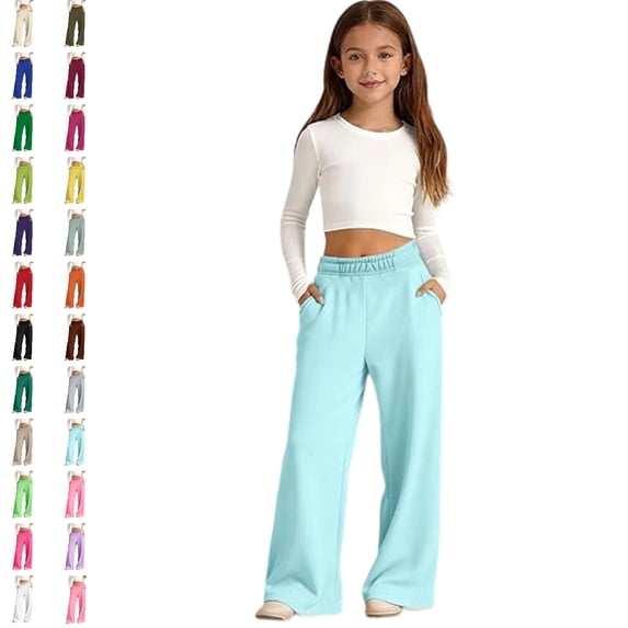 Bmisegm Girls Pants High Waisted Soft Stretch Casual Trousers with Pockets Comfortable Everyday Wear Outfits for Kids Pants,01_Light Blue,7-8 Years